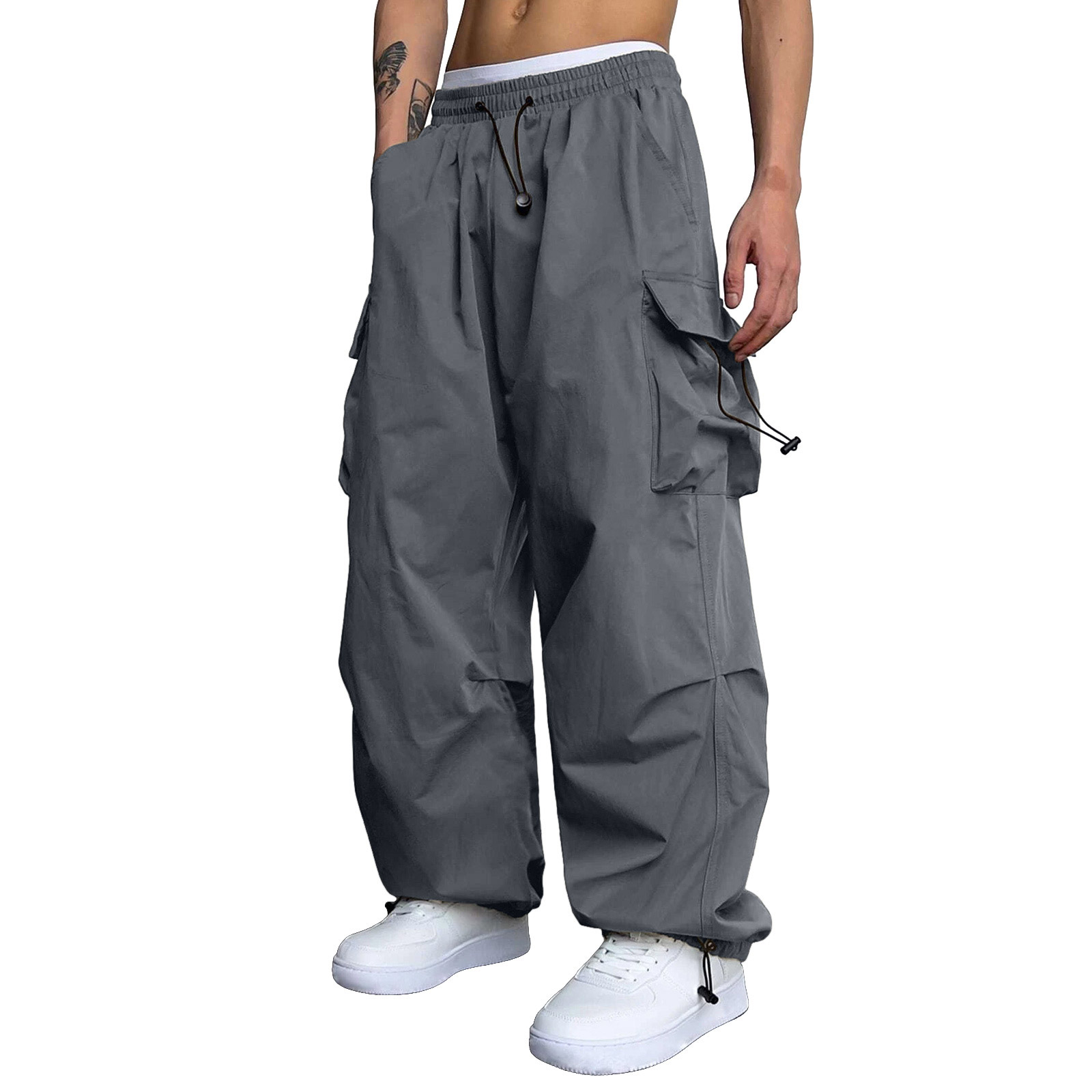 thumbnail image 2 of Pantalones cargo deportivos de cintura informal para hombre - Bolsillo tejido con cordón - Ropa urbana para todas las estaciones, 2 of 8